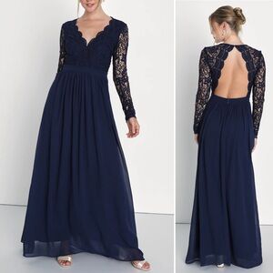 Lulus | Dresses | Lulus Awaken My Love Long Sleeve Lace Chiffon Maxi Dress  Navy Blue Size S Nwt | Poshmark